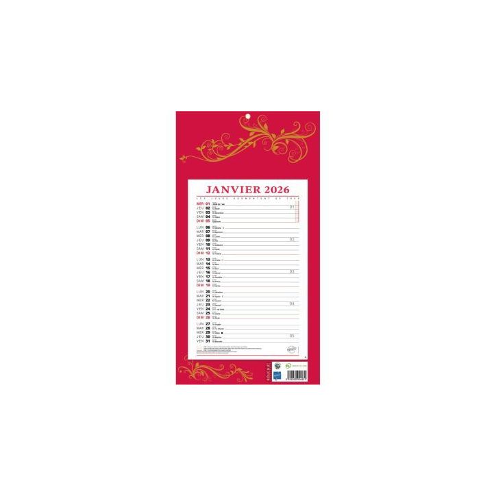 Calendrier mensuel 12 feuilles 36x19cm rouge PAP409R