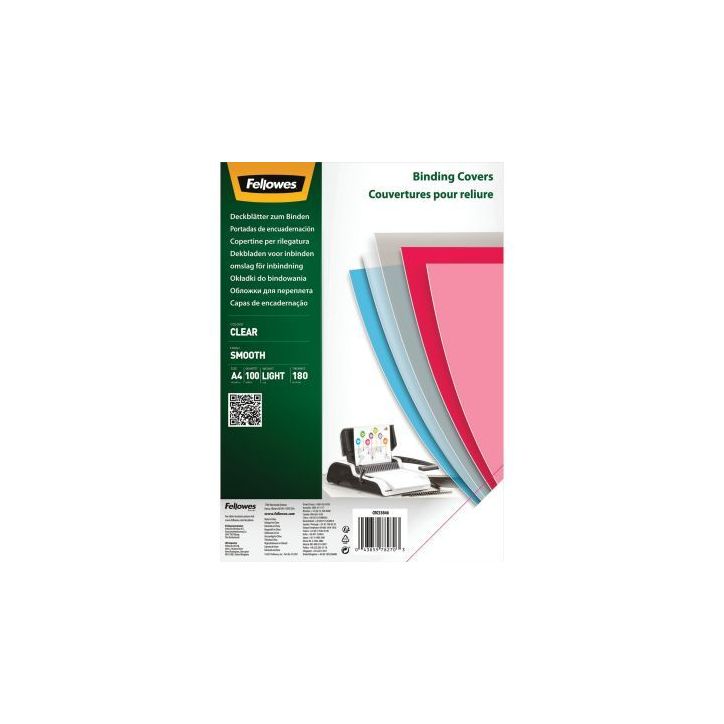 Paquet de 100 couvertures PET lisse incolore épaisseur 18/100ème format A4 5384601 FELLOWES