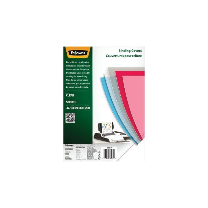 Paquet de 100 couvertures PET lisse incolore épaisseur 20/100ème format A4 5384701 FELLOWES