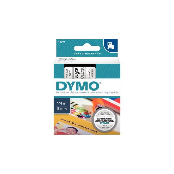 DYMO Ruban D1 Noir/transparent 6MMX7M pour 1000/1000+/2000/3500/4500/5000/5500