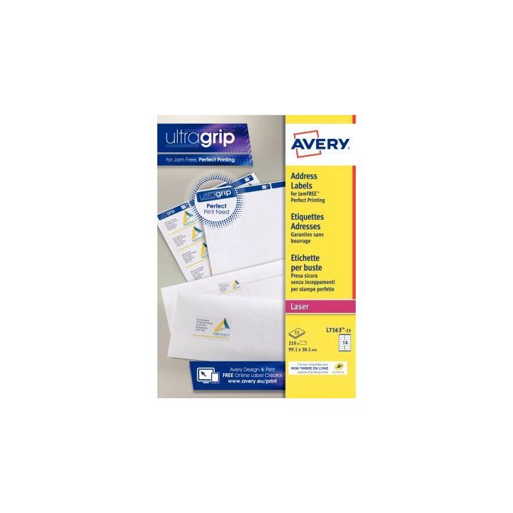 Paquet de 210 étiquettes adresse laser blanc 99,1x38,1mm L7163-15 AVERY