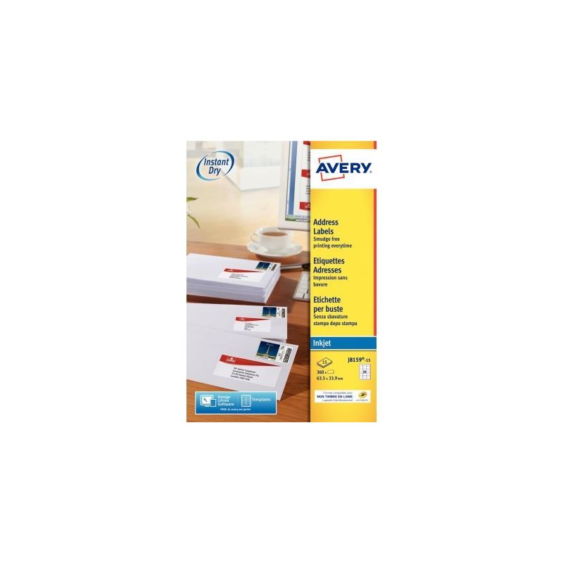 Achetez Paquet de 360 étiquettes adresse jet d'encre blanc 63,5x33,9mm J8159-15 AVERY pas cher sur .. Achetez Paquet de 360 étiquettes adresse jet d'encre blanc 63,5x33,9mm J8159-15 AVERY pas cher sur ..