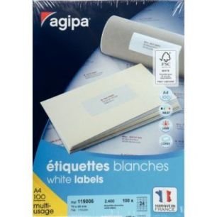 Boîte de 2400 étiquettes multi-usages blanches 70x35mm 119006 AGIPA Boîte de 2400 étiquettes multi-usages blanches 70x35mm 119006 AGIPA