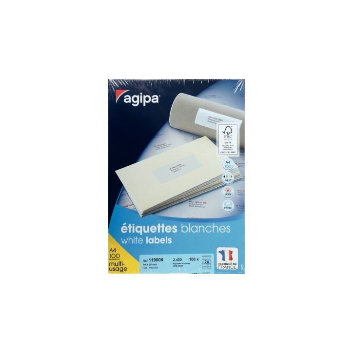 Boîte de 2400 étiquettes multi-usages blanches 70x35mm 119006 AGIPA