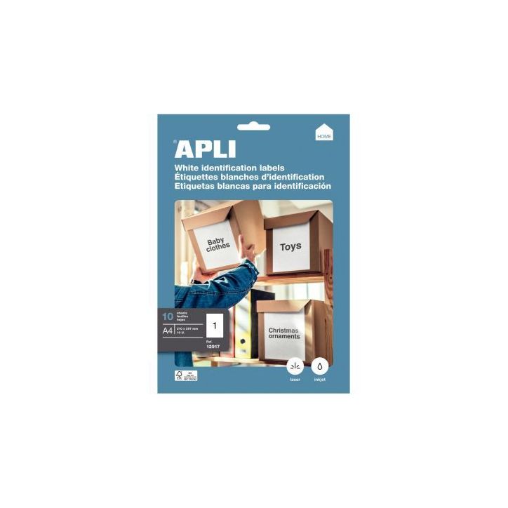 Pochette de 10 étiquettes multi-usages blanches  210x297mm 12917 APLI