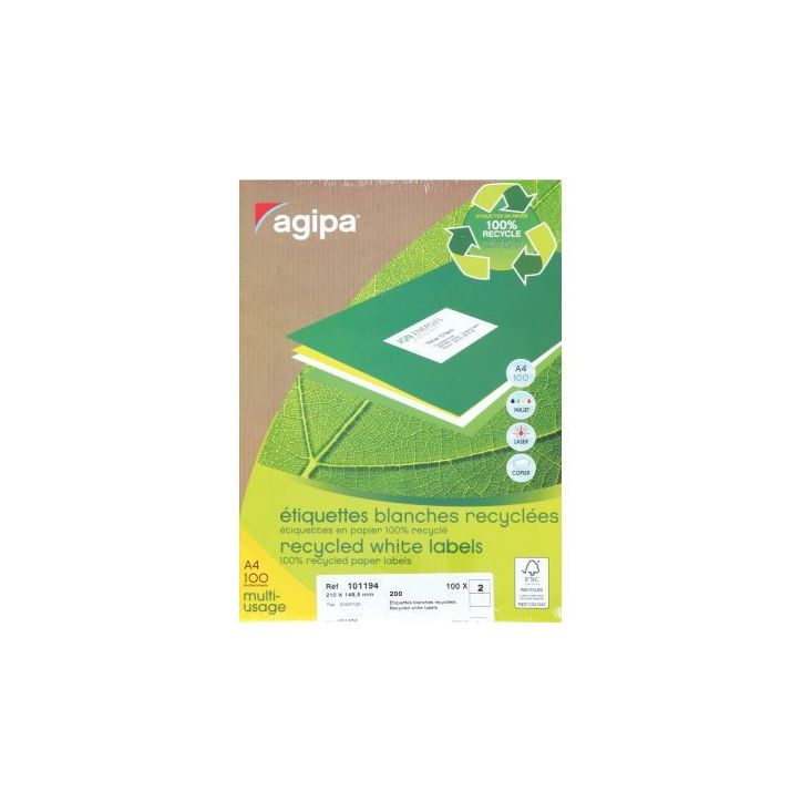 Boîte de 200 étiquettes multi-usages blanches recyclées 148,5x210mm 000101194 AGIPA