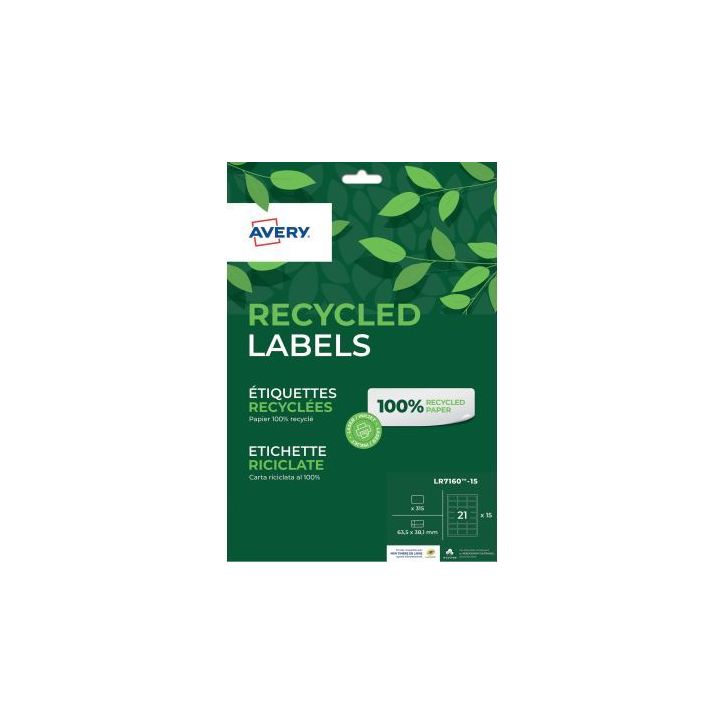 Paquet de 315 étiquettes recyclées laser et jet encre 63.5 x 38.1mm LR7160-15 AVERY