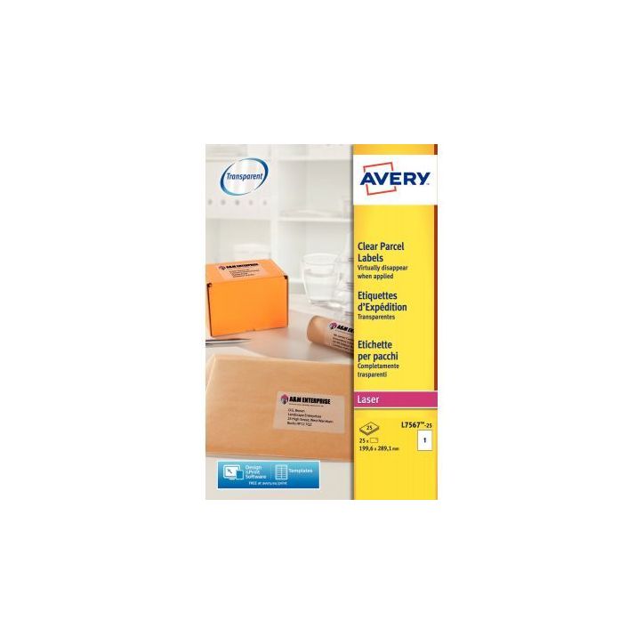 Pochette de 25 étiquettes transparentes laser 297x210mm L7567-25 AVERY