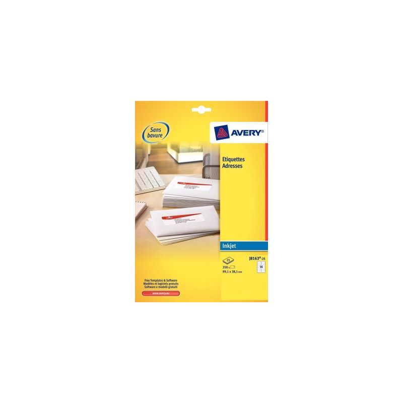 Achetez Pochette de 25 étiquettes blanches pour jet d'encre 289,1x199,6mm J8167-25 AVERY pas cher s..