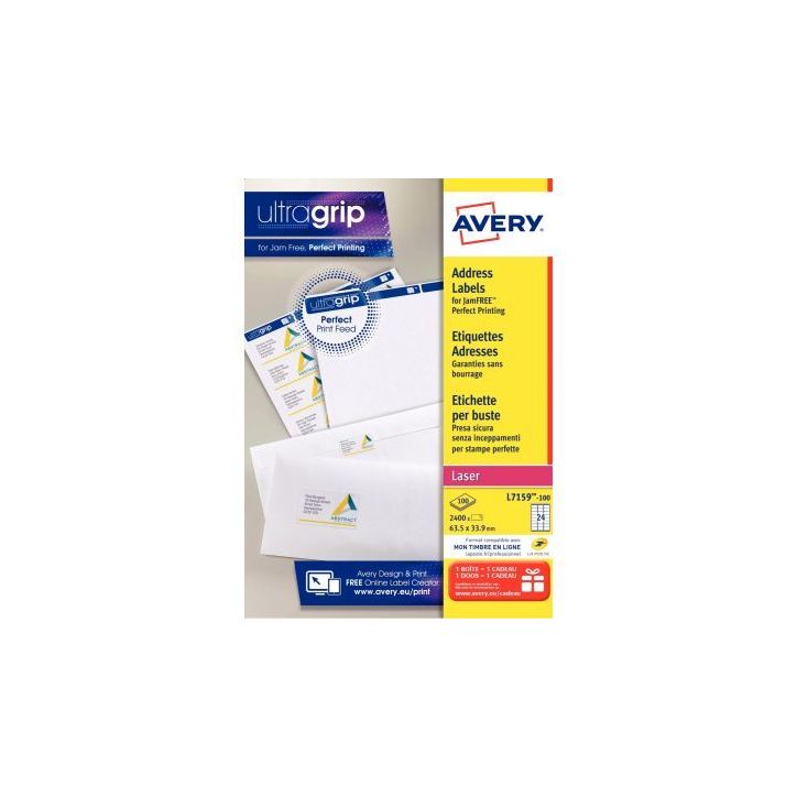 Pochette de 2400 étiquettes adhésives blanches laser 63,5x33,9mm L7159-100 AVERY
