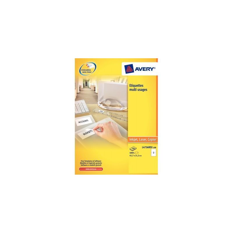 Achetez Pochette de 1200 étiquettes blanches enlevables 45,7x21,2mm L4736REV-25 AVERY pas cher sur .. Achetez Pochette de 1200 étiquettes blanches enlevables 45,7x21,2mm L4736REV-25 AVERY pas cher sur ..