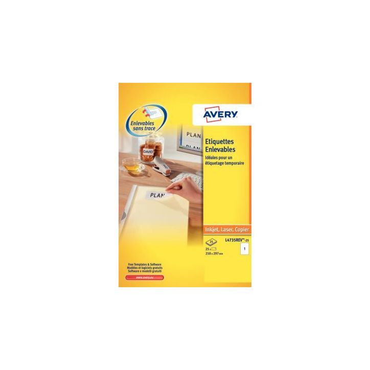 Pochette de 25 étiquettes blanches enlevables 297x210mm L4735REV-25 AVERY
