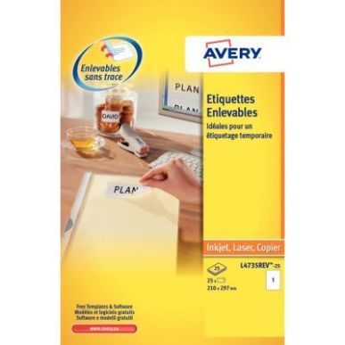 Achetez Pochette de 25 étiquettes blanches enlevables 297x210mm L4735REV-25 AVERY pas cher sur Ma R..