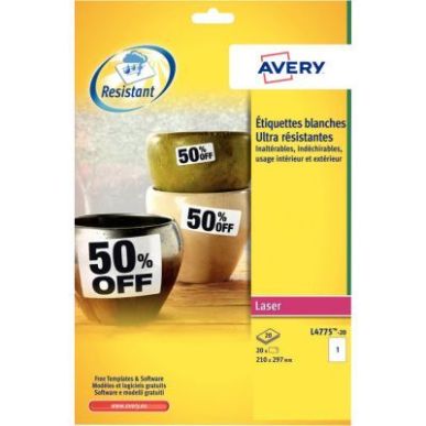 Achetez Pochette de 20 étiquettes indéchirables adhésif permanent blanc 297x210mm L4775-20 AVERY ..