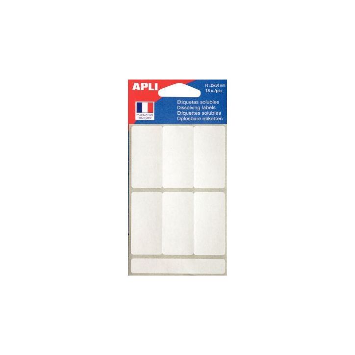 Pochette de 18 étiquettes solubles blanc 25x50mm 102545 APLI