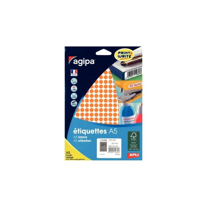Etui de 2940 pastilles adhésives diamètre 8 mm orange 114305 AGIPA