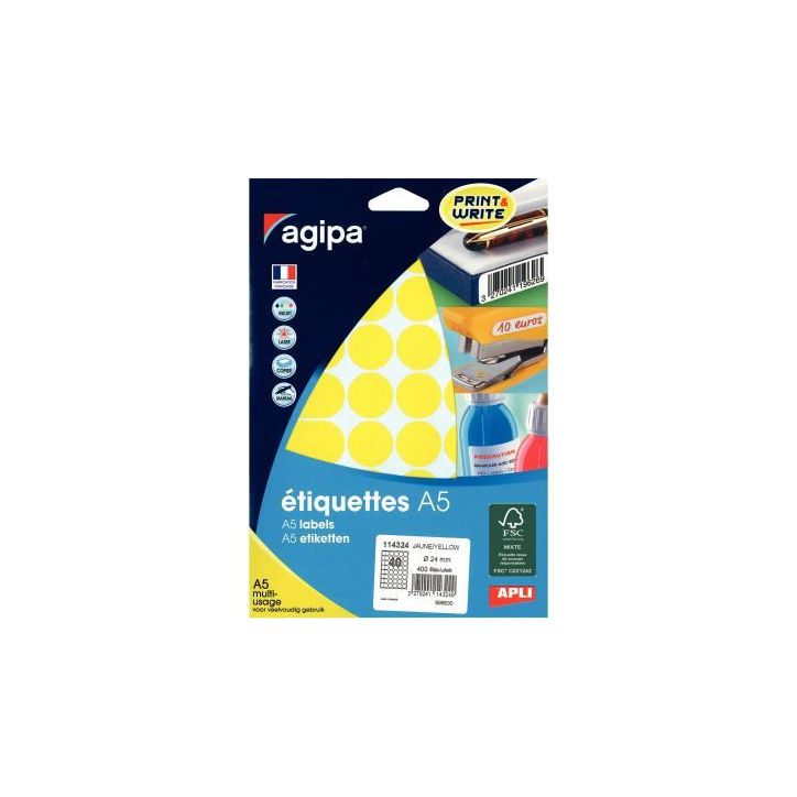 AGI ETUI A5 400 ETIQUETTES JAUNE DIAM 24 PEFC 1143