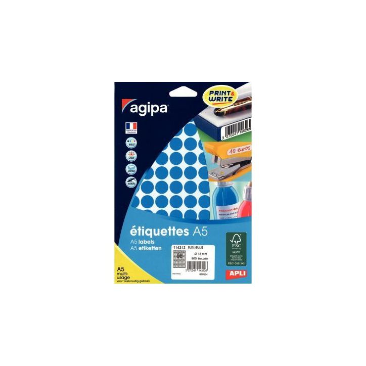 Etui de 960 pastilles adhésives diamètre 15 mm bleu 114312 AGIPA