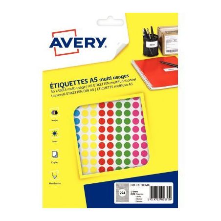 Achetez Etui de 2 058 disques adhésifs 8mm assortis PET08MX AVERY pas cher sur Ma Rentrée Scolaire