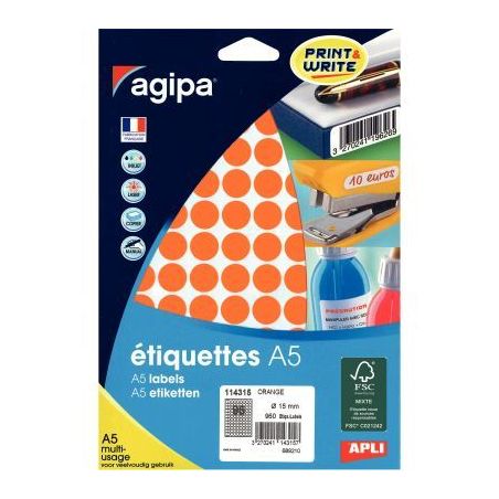 Achetez Etui de 960 pastilles adhésives diamètre 15 mm orange 114315 AGIPA pas cher sur Ma Rentré..