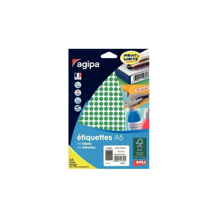 Etui de 2940 pastilles adhésives diamètre 8 mm vert 114301 AGIPA