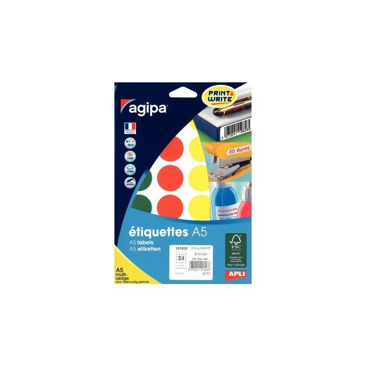 Etui de 168 pastilles de couleur diamètre 30mm coloris assortis 101828 AGIPA