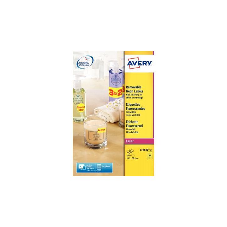 Boîte de 350 étiquettes laser enlevables 99,1x38,1mm coloris Flaconuo jaune L7263Y-25 AVERY