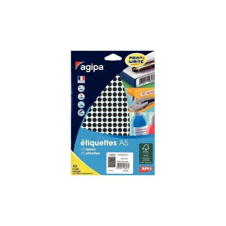 Etui de 2940 pastilles adhésives diamètre 8 mm noir 114307 AGIPA