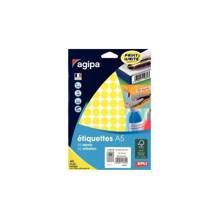 Etui de 960 pastilles adhésives diamètre 15 mm jaune 114314 AGIPA
