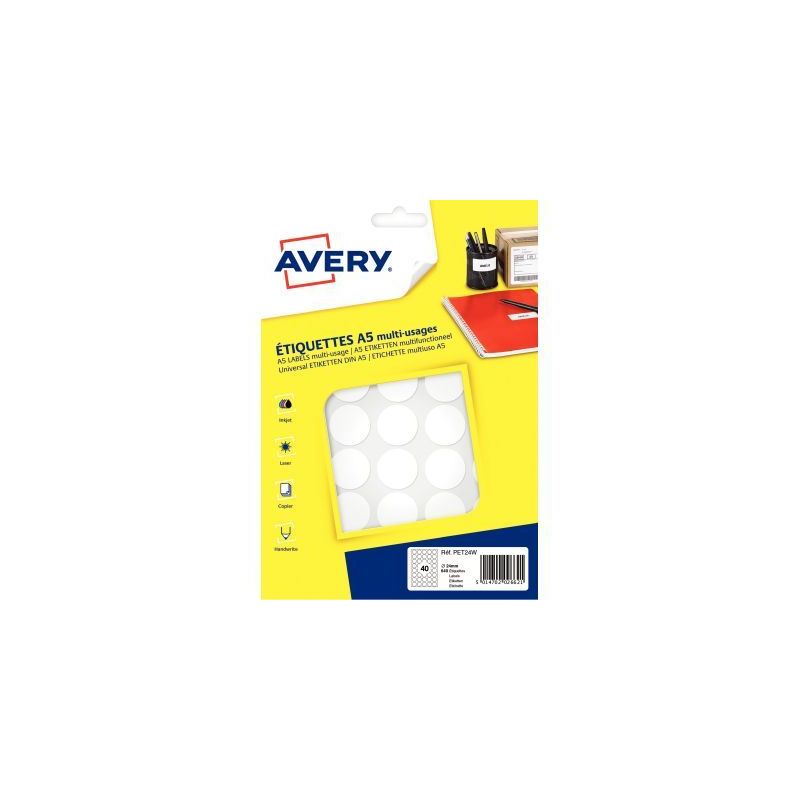 Achetez Etui de 640 disques adhésifs 24mm coloris blanc PET24W AVERY pas cher sur Ma Rentrée Scola.. Achetez Etui de 640 disques adhésifs 24mm coloris blanc PET24W AVERY pas cher sur Ma Rentrée Scola..