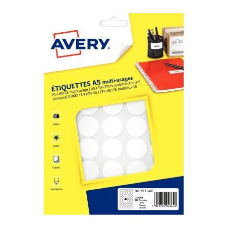 Achetez Etui de 640 disques adhésifs 24mm coloris blanc PET24W AVERY pas cher sur Ma Rentrée Scola..