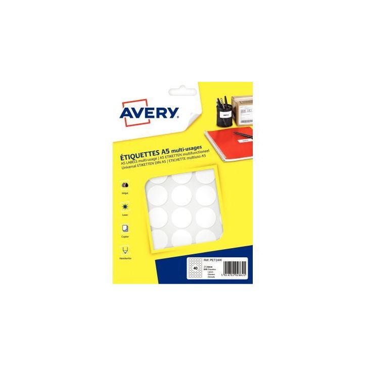 Etui de 640 disques adhésifs 24mm coloris blanc PET24W AVERY