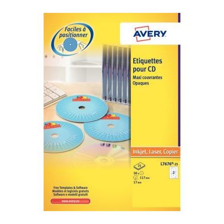 Achetez Pochette de 50 étiquettes laser pour CD et DVD L7676-25 AVERY pas cher sur Ma Rentrée Scol..