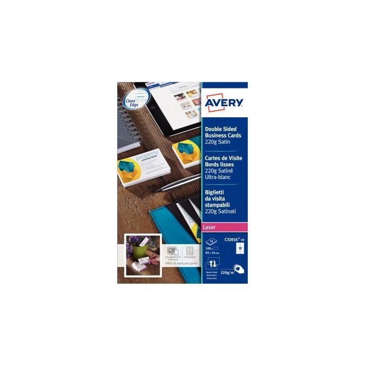 Paquet de 100 cartes de visites blanc satin 85x54mmm 220g C32016-10 AVERY