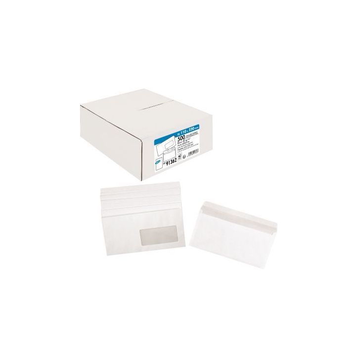 Boîte de 500 enveloppes Blanches 80g DL 110x220 mm fenêtre 45x100 mm auto-adhésives