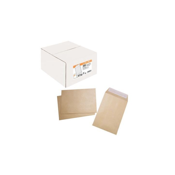 Boîte de 500 pochettes kraft Brun recyclé 90g C5 162x229 auto-adhésives