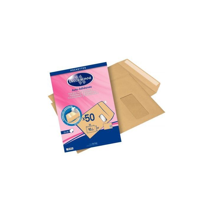 Paquet de 50 pochettes kraft 90 grammes 229x324 avec fenêtre 50x110 51751 LA COURONNE