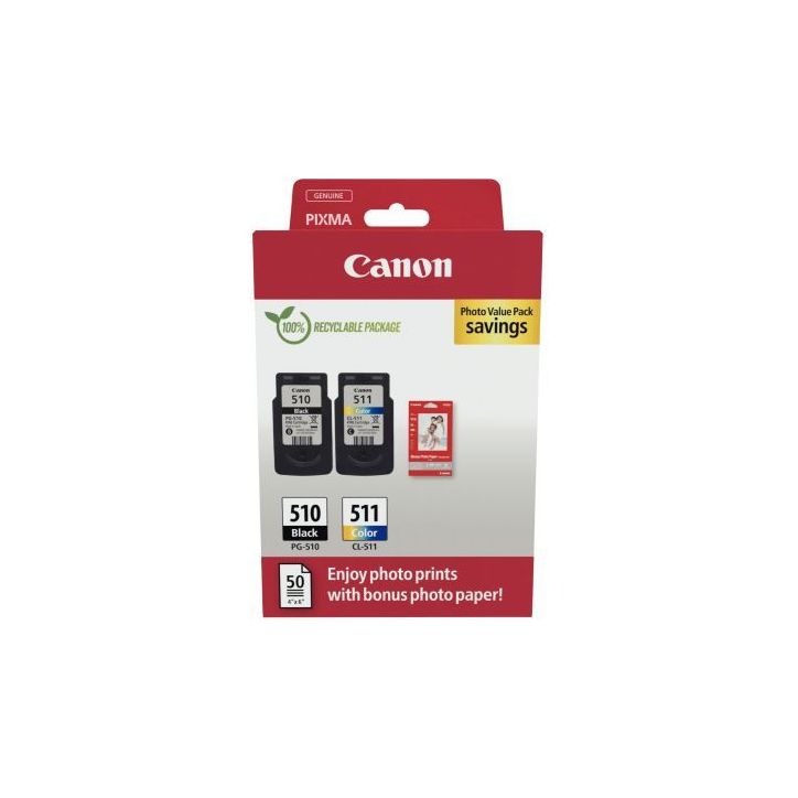 Canon 510 / 511 pack de 2 cartouches jet d'encre noire & couleurs authentique (PG510BK / CL511CMJ) 510/511 CAS(...)