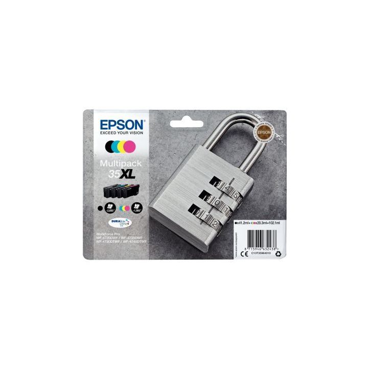 Lot de 4 cartouches jet d'encre à la marque Epson T358640 noir cyan magenta et jaune haute capacité Cadenas (...)
