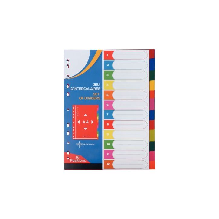 Jeu de 12 intercalaires en polypropylène 12/100ème format A4 couleurs assorties 2010023