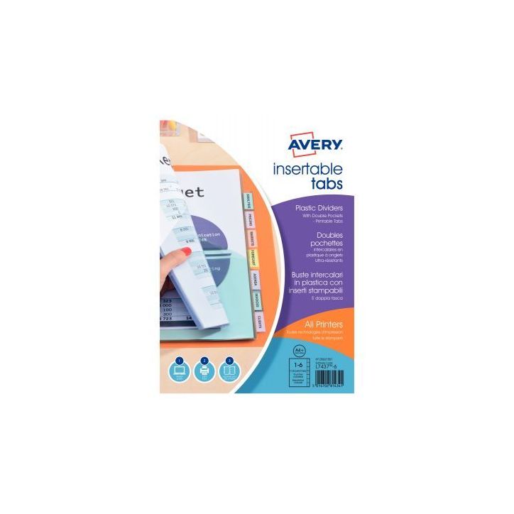 Jeu de 6 intercalaires à onglets personnalisables en polypropylène + doubles pochettes 05621501 AVERY