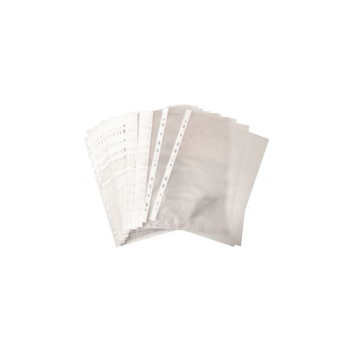 Sachet de 50 pochettes perforées en polypropylène grainé 4/100. Format A4, 11 trous.