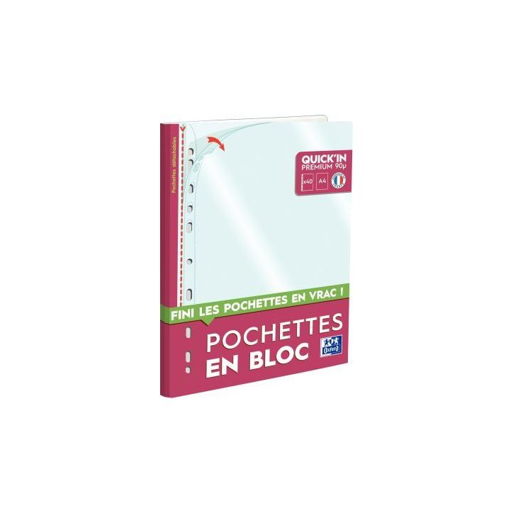 OXFORD Bloc de 40 pochettes perforées Quick' In A4 en polypropylène 9/100e lisse incolore