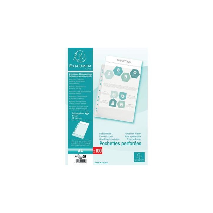 Sachet de 100 pochettes perforées en polypropylène grainé 5/100ème 5100E EXACOMPTA