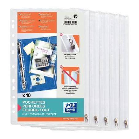 Achetez OXFORD Sachet de 10 pochettes perforées à Zip en PVC transparent 14/100e. Format A4,perf..