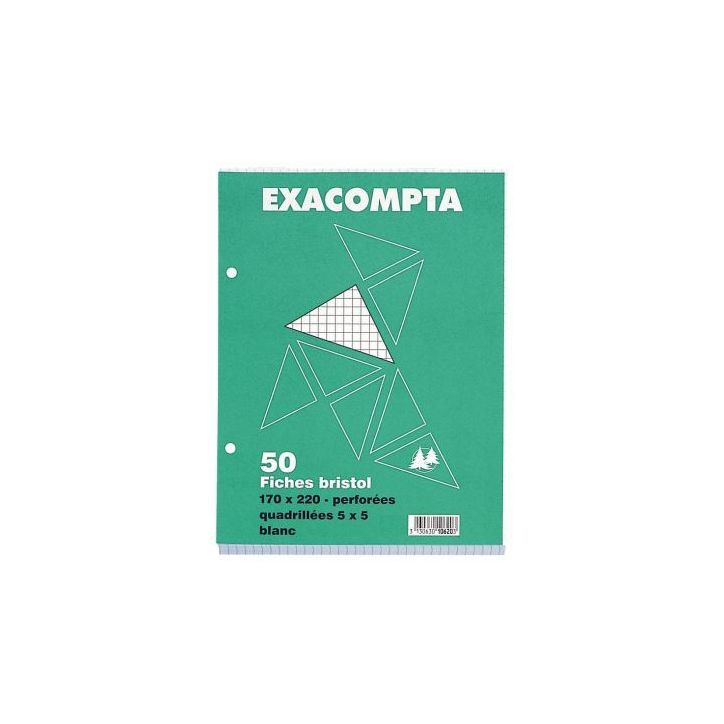 Paquet de 50 fiches bristol perforées carte forte 210 g blanc quadrillé 5x5 format 17 x 22 cm 10620E EXACOMP