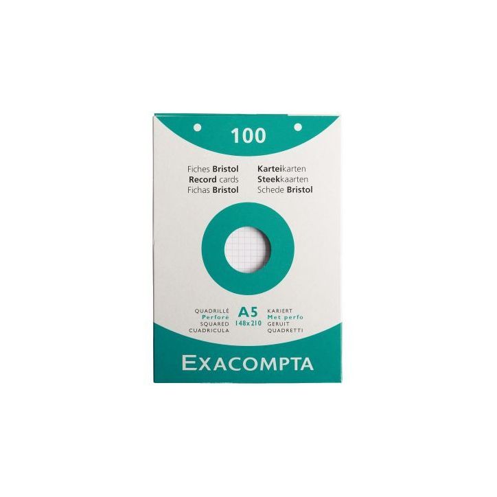 EXACOMPTA Etui de 100 fiches bristol perforées 148x210mm (A5) 5x5 Blanc