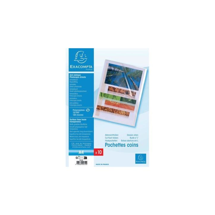 Sachet de 10 pochettes coin en polypropylène 12/100 incolore 5610E EXACOMPTA