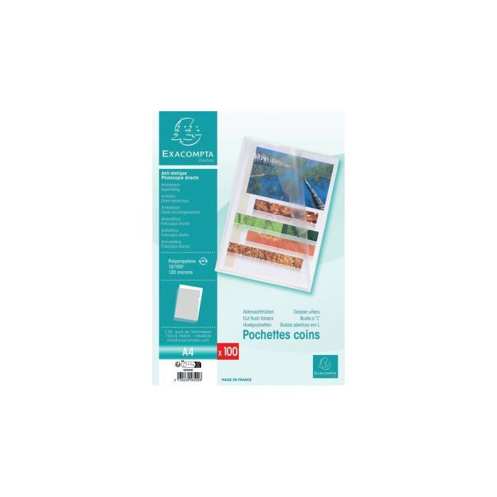 Sachet de 100 pochettes coin en polypropylène 12/100 incolore 58500E EXACOMPTA