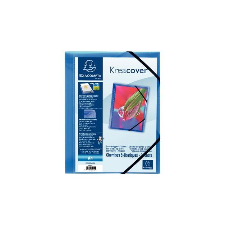 Chemise 3 rabats à élastiques personnalisable KREACOVER en polypropylène bleu 55182E KREACOVER EXACOMPTA